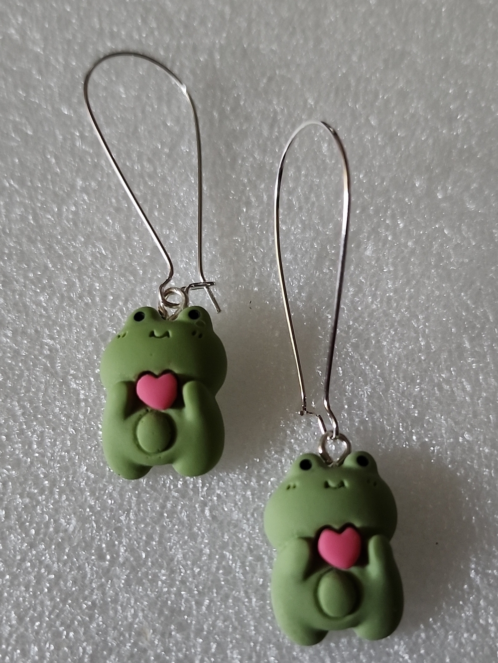 Hand Crafted Green Frog Earrings with Pink Hearts Charm